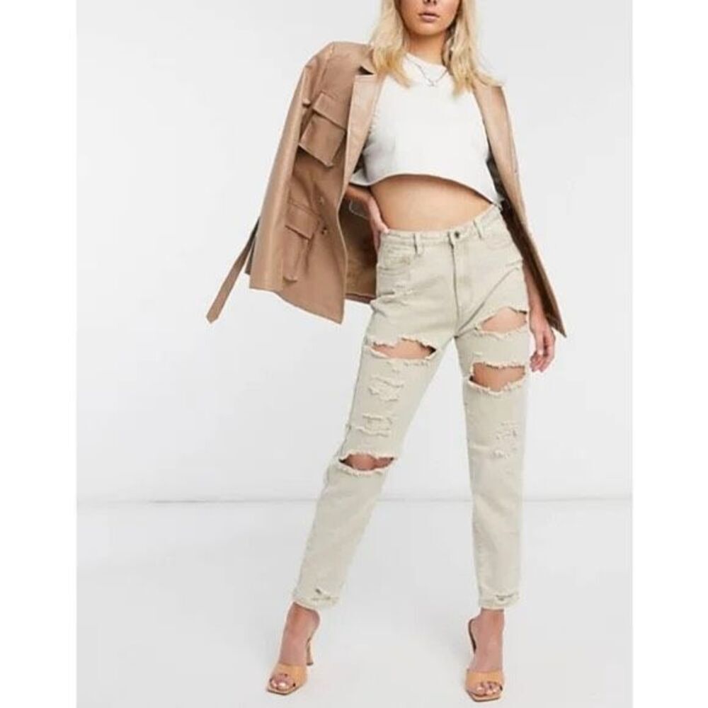 MISSGUIDED Women’s Tan Stone Extremely Distressed Tapered High Rise Mom Jeans Si